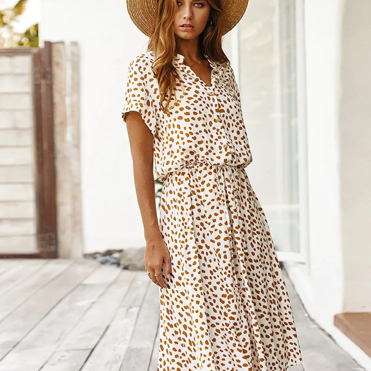 Shelly - Vintage Floral Print Dress Women Boho Short Sleeve Long Dress