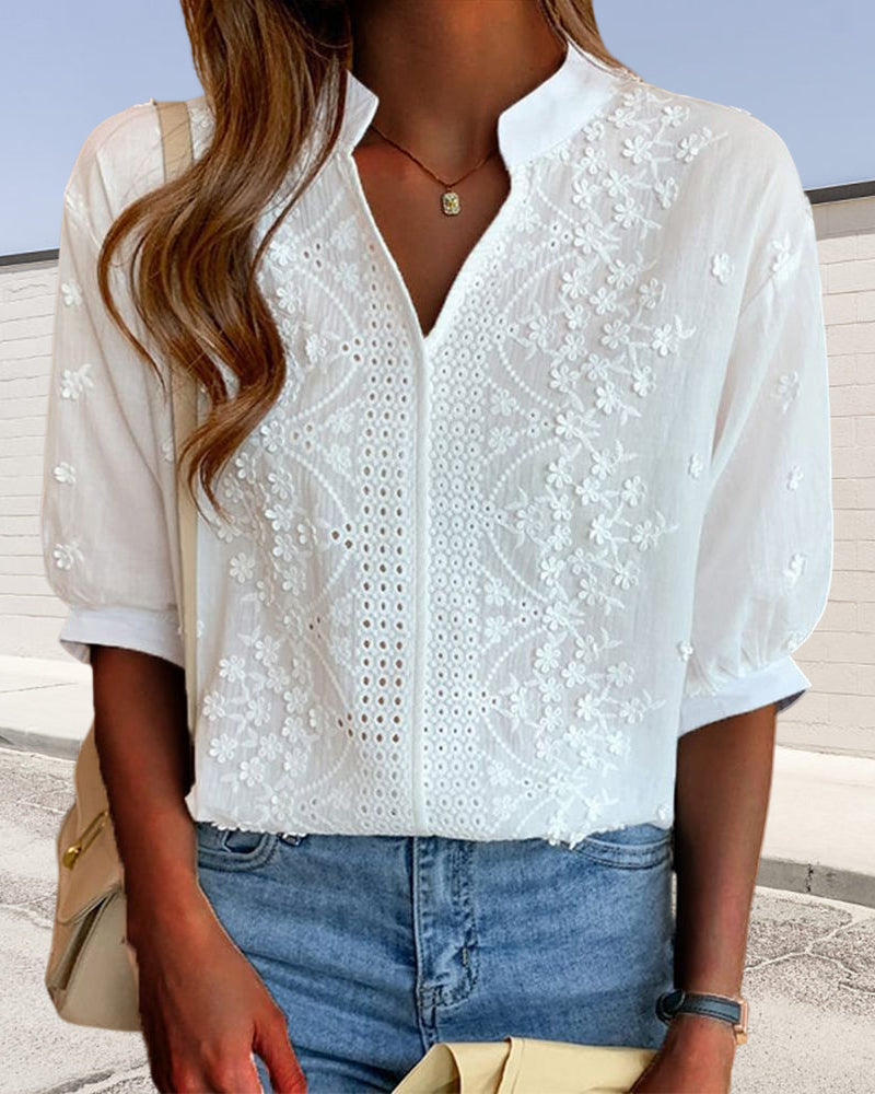 Cora - Embroidered Blouse with Split Collar