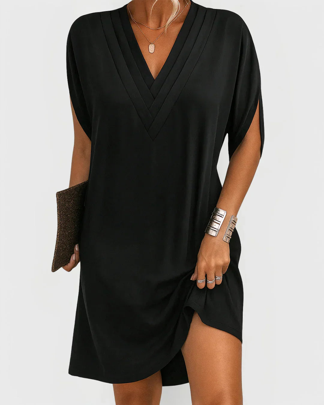 Veeda - Elegant V-Neck Dolman Sleeve Midi Dress