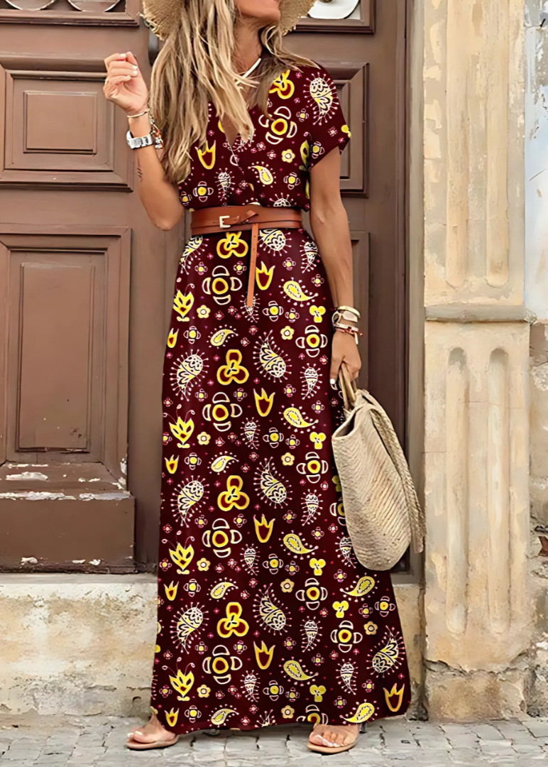 Rozanne – Elegant Long Dress with Paisley Prints and Belt