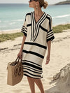 Elea - Casual Striped Print Loose Dress Half Sleeved V Neck Midi Dress