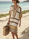 Elea - Casual Striped Print Loose Dress Half Sleeved V Neck Midi Dress
