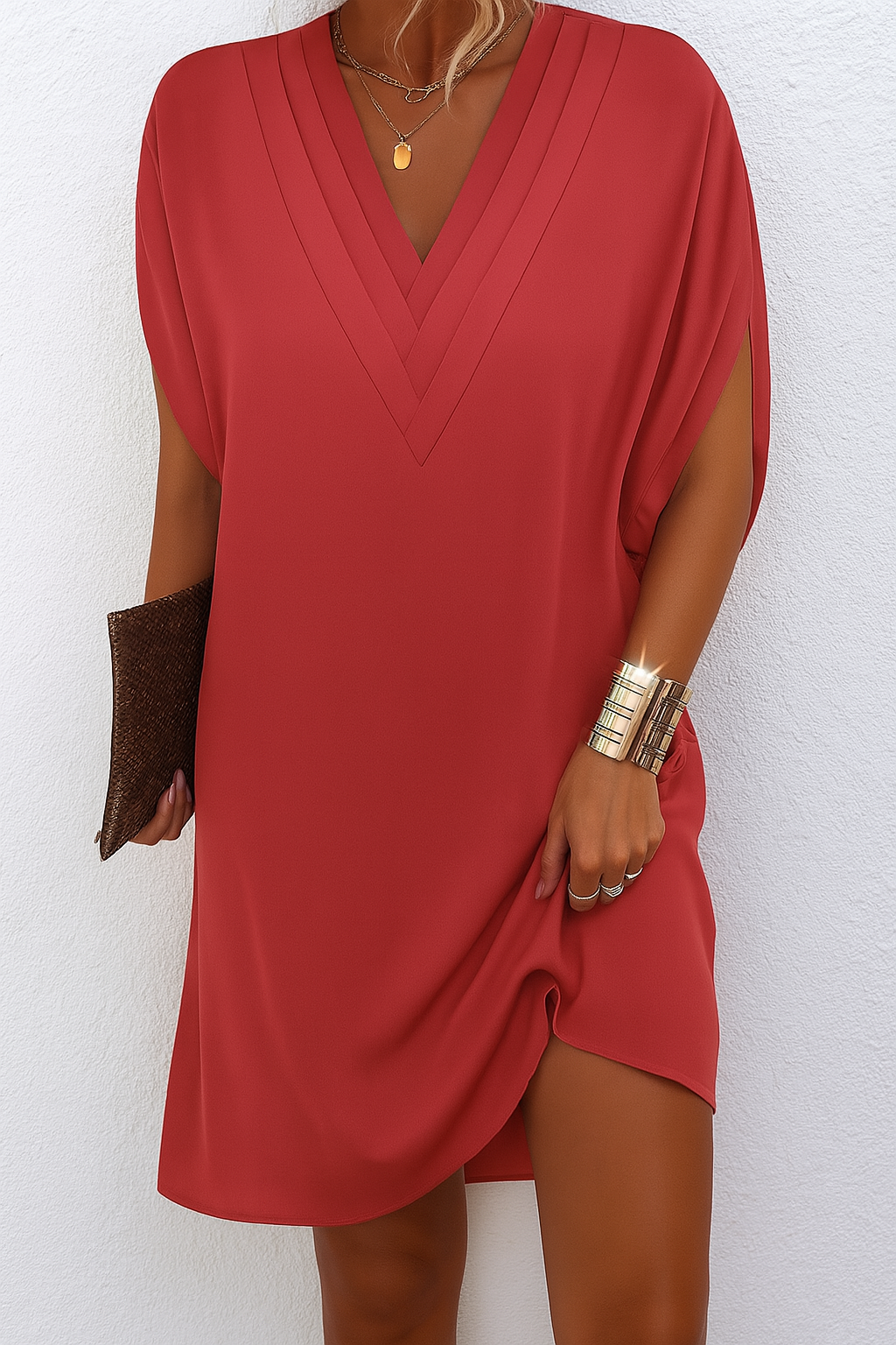 Veeda - Elegant V-Neck Dolman Sleeve Midi Dress