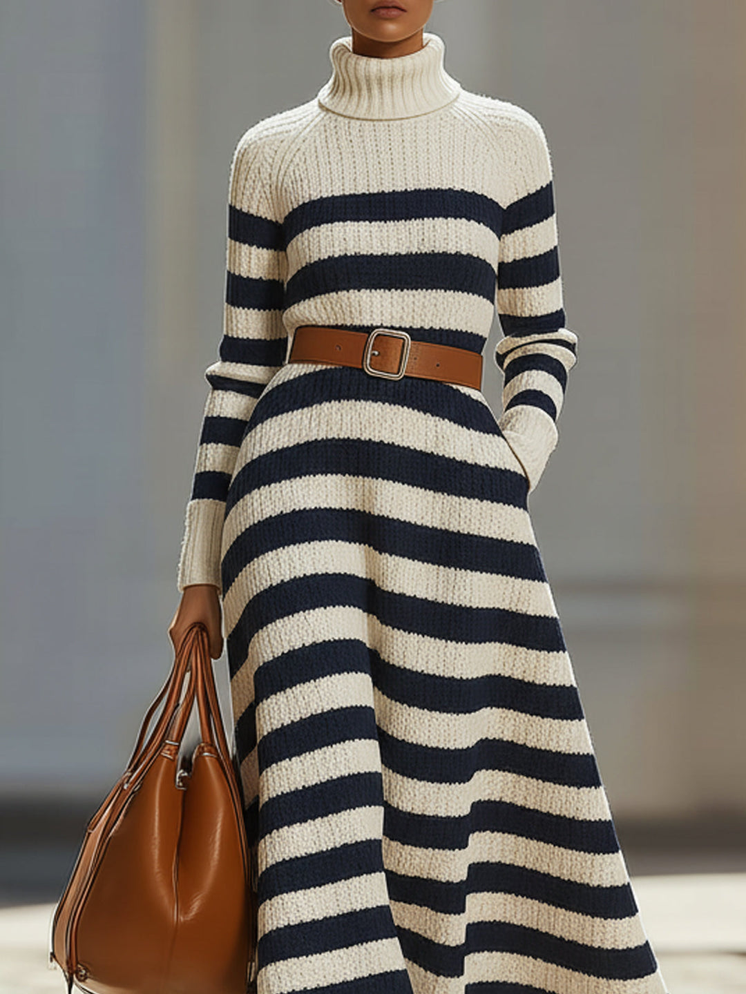 Kensie - Navy Striped Waist Knitted Maxi Dress