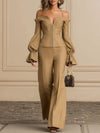 Cleo - Brown Off-the-shoulder Trumpet Sleeve Zipper Suit