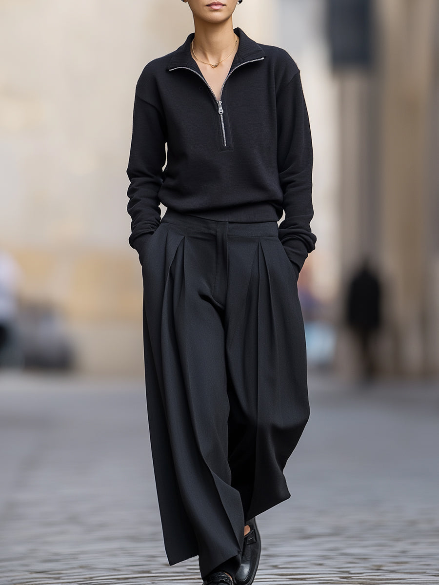 Jade - Minimalist Half-Zip Pullover And Wide-Leg Pleated Trousers Set