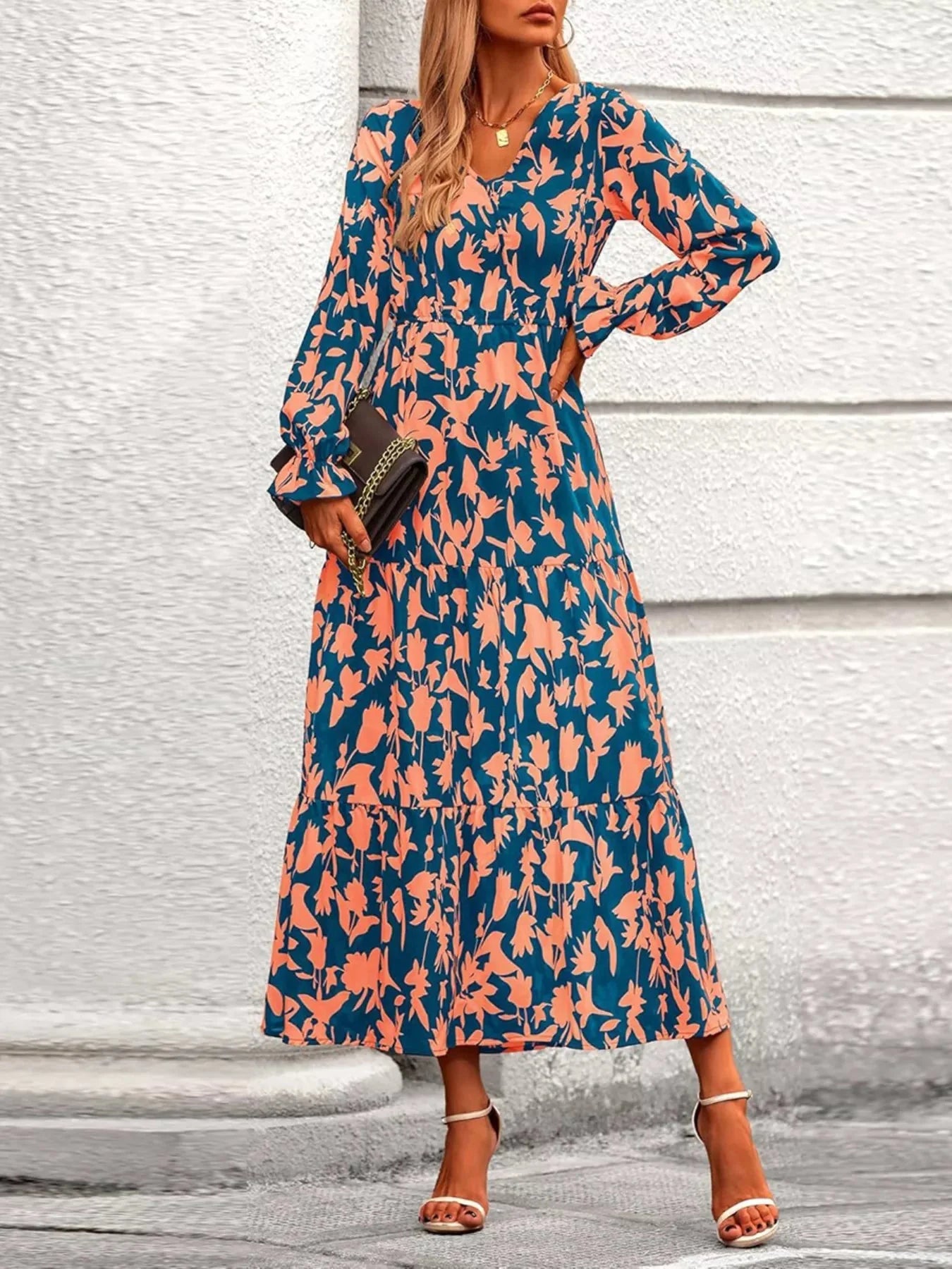 Amina - Printed V-Neck Flounce Sleeve Tiered Midi Dress