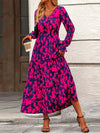 Amina - Printed V-Neck Flounce Sleeve Tiered Midi Dress